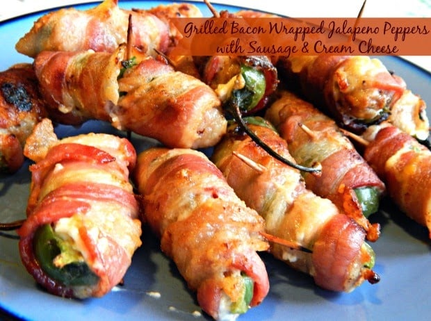 Grilled Bacon-Wrapped Jalapeno Peppers with Sausage and Cream Cheese