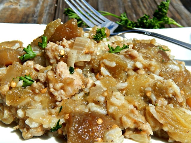 Smothered Eggplant Dressing with Rice
