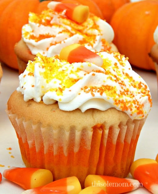 Candy Corn Cupcake Recipe, Halloween Cupcake recipes, Fall cupcake recipes, Cupcake recipes, Homemade Almond Cake Batter, Buttercream Frosting, Candy Corn Cupcakes made from Scratch, 
