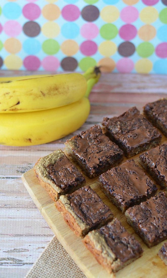 Gluten Free Chocolate Banana Bars cut into squares on cutting board