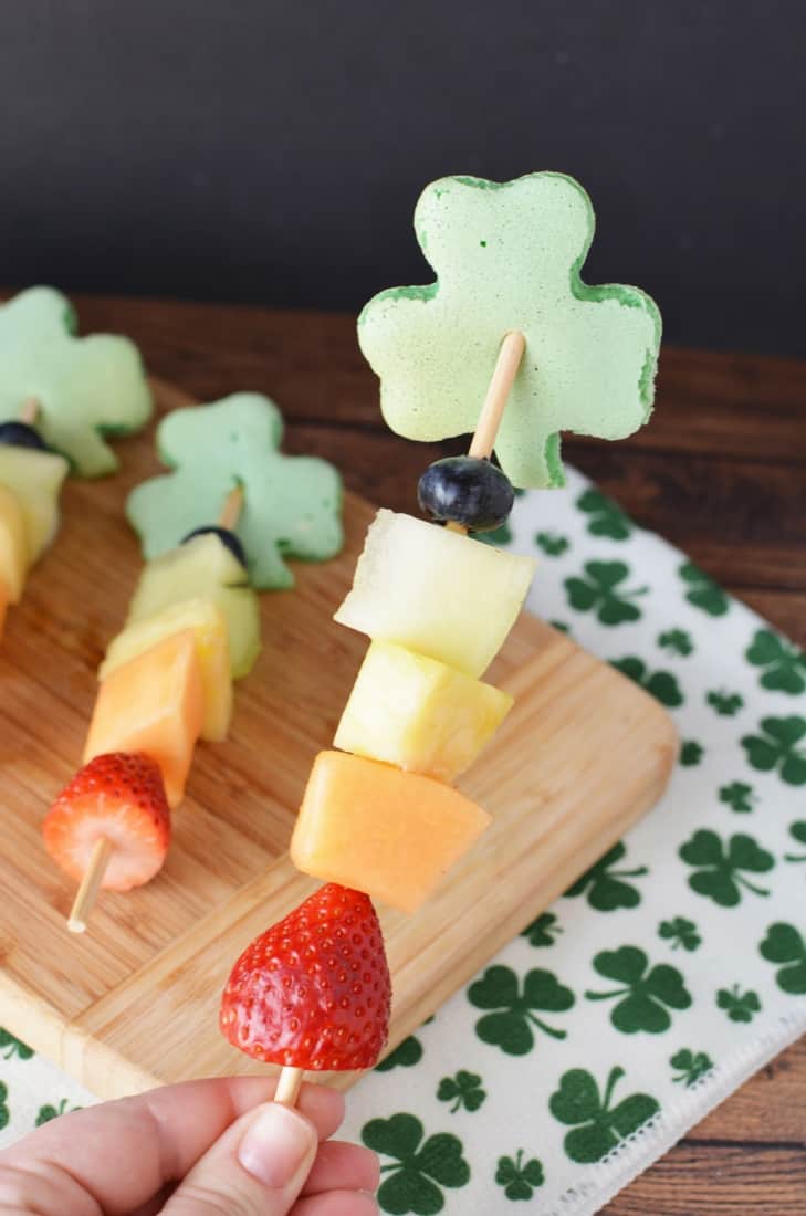 St. Patrick's Day Shamrock Pancake Kabobs with Fruit 
