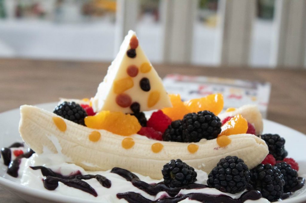 Breakfast Yogurt Fruit Boat with Cheese Sail and decorated with Noshi Food Paint