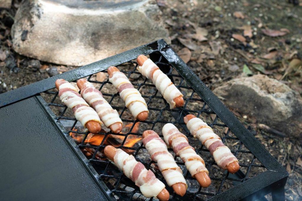 Campfire Bacon Wrapped Hot Dogs with Sprayed Grill