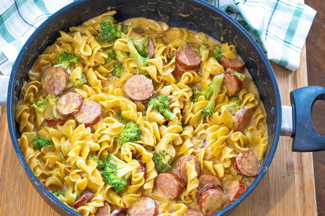 Cheesy Broccoli Sausage Pasta Skillet This Ole Mom