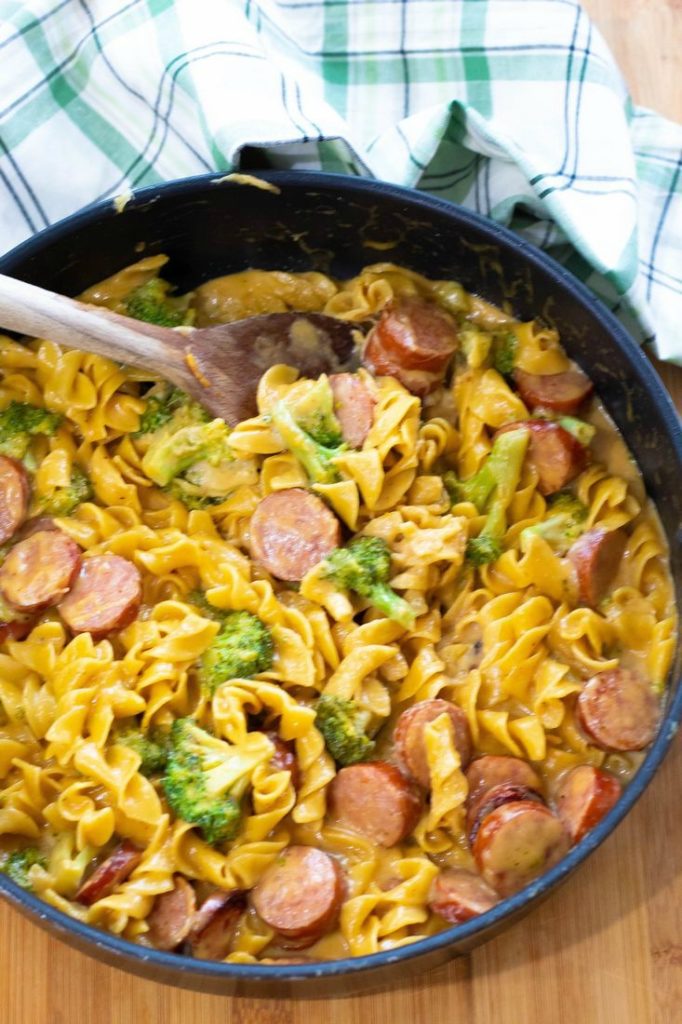 Cheesy Broccoli Sausage Pasta Skillet - This Ole Mom