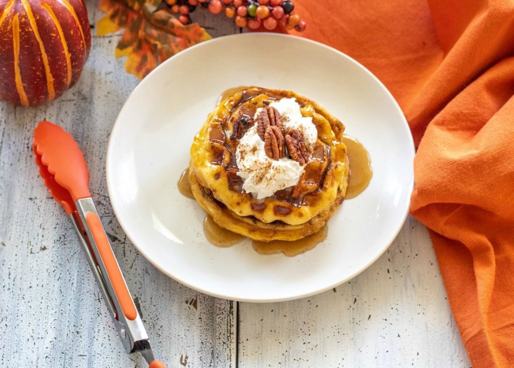 Pumpkin Spice Cinnamon Rolls Waffles