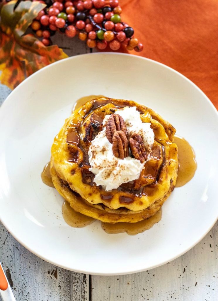 Pumpkin Spice Cinnamon Rolls Waffles