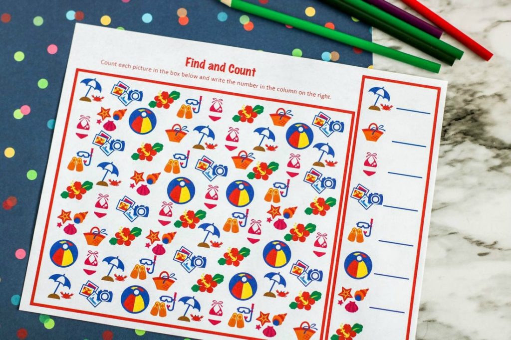 Kids I Spy Beach Printable with Colored Pencils