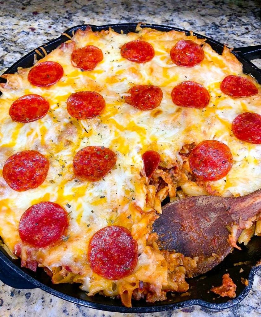 Pepperoni Pizza Pasta Casserole in Iron Skillet