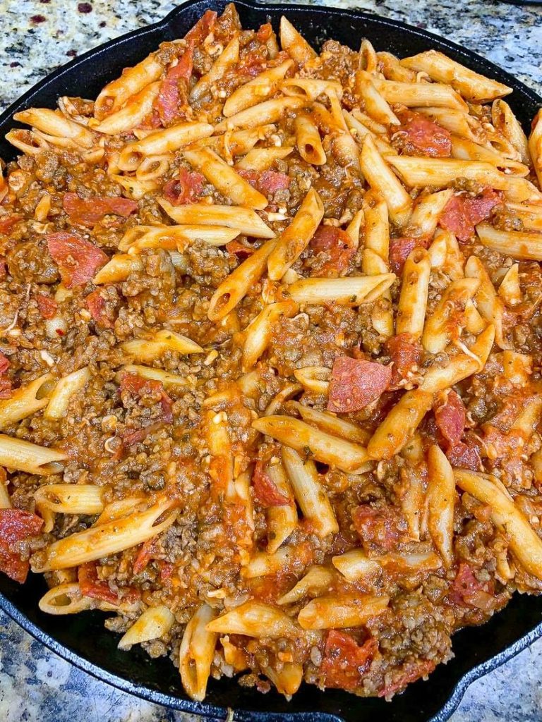 Pizza Pasta Casserole in an Iron Skillet