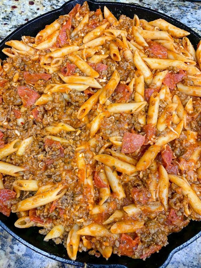 Pizza Pasta Casserole in an Iron Skillet 