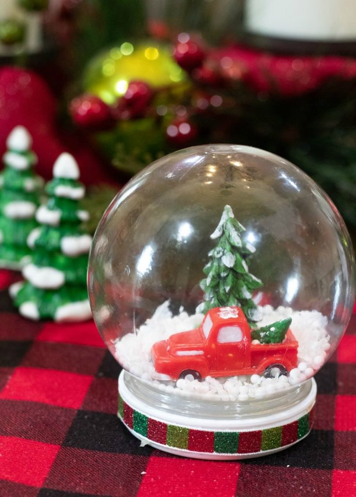 Waterless Snow Globe with Vintage Red Truck and Christmas Trees 