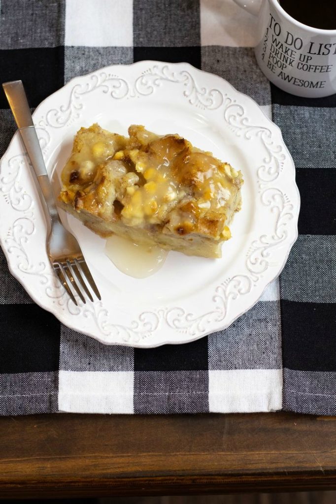 White Chocolate Bread Pudding topped with Rum Sauce 