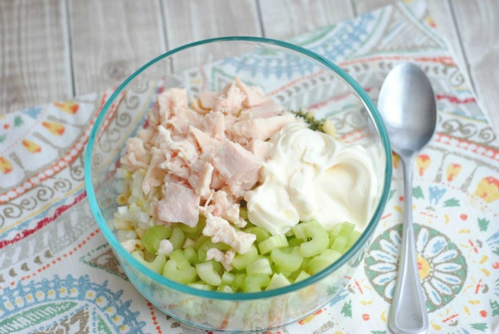 Chicken, Celery, Mayo, and Pasta in a bowl.