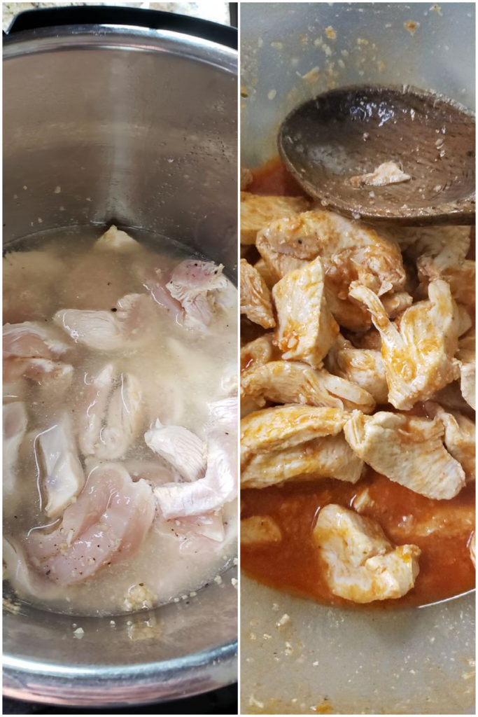 Prepping the chicken for the wraps. First photo of chicken in the instant pot. The second photo shows the chicken being tossed with the hot sauce.